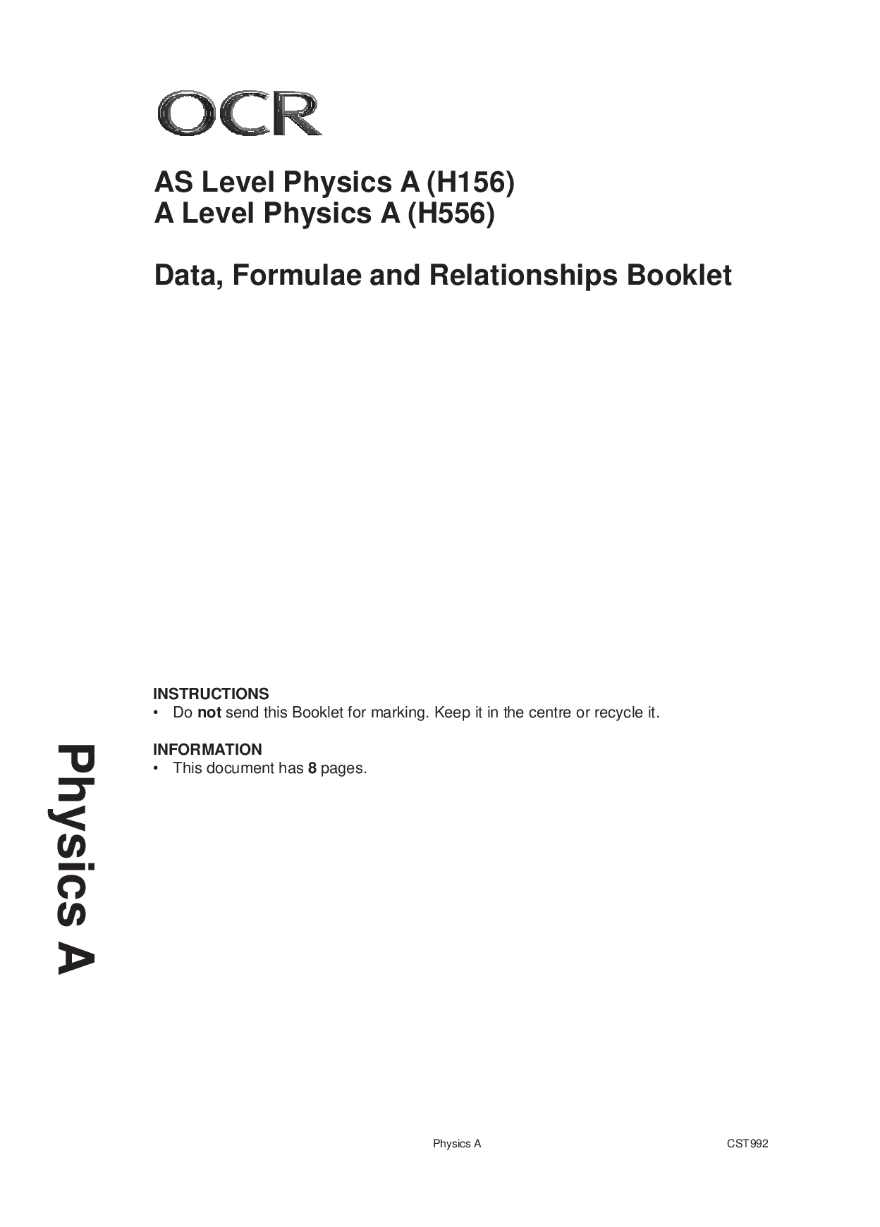 Preview image for OCR Interchange October 2021 AS Level Physics/ AS Level Physics A (H156) A Level Physics A (H556)  Data, Formulae and Relationships Booklet